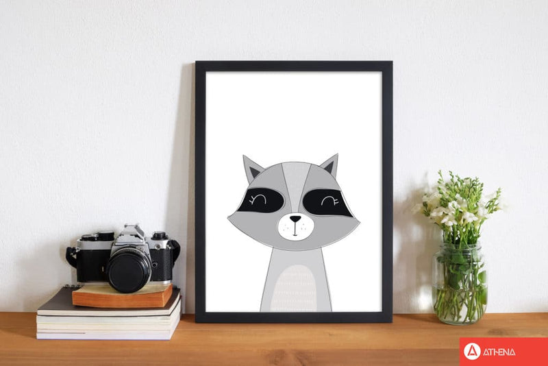 Scandi raccoon modern fine art print, framed childrens nursey wall art poster