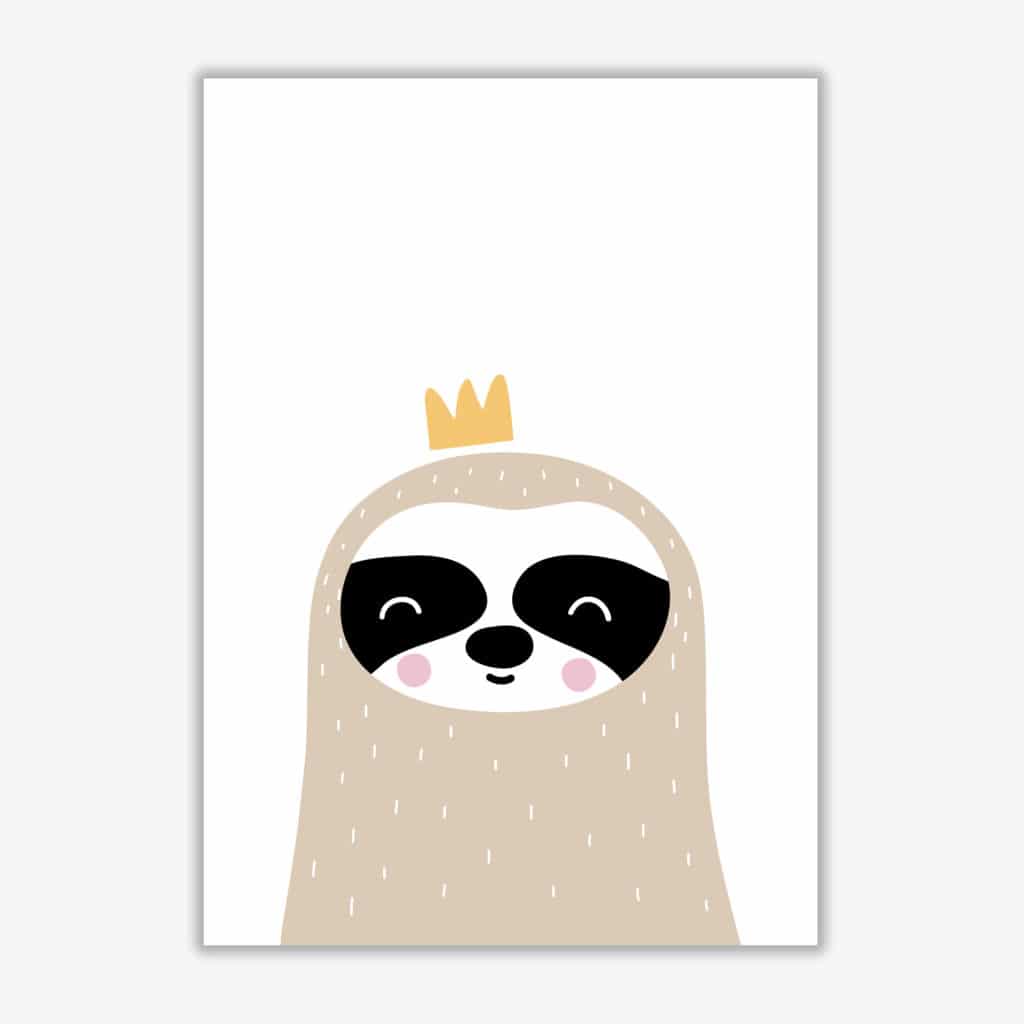 Scandi sloth with crown modern fine art print, framed childrens nursey wall art poster