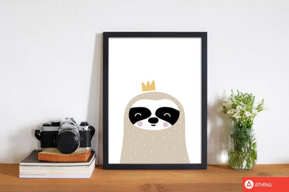 Scandi sloth with crown modern fine art print, framed childrens nursey wall art poster