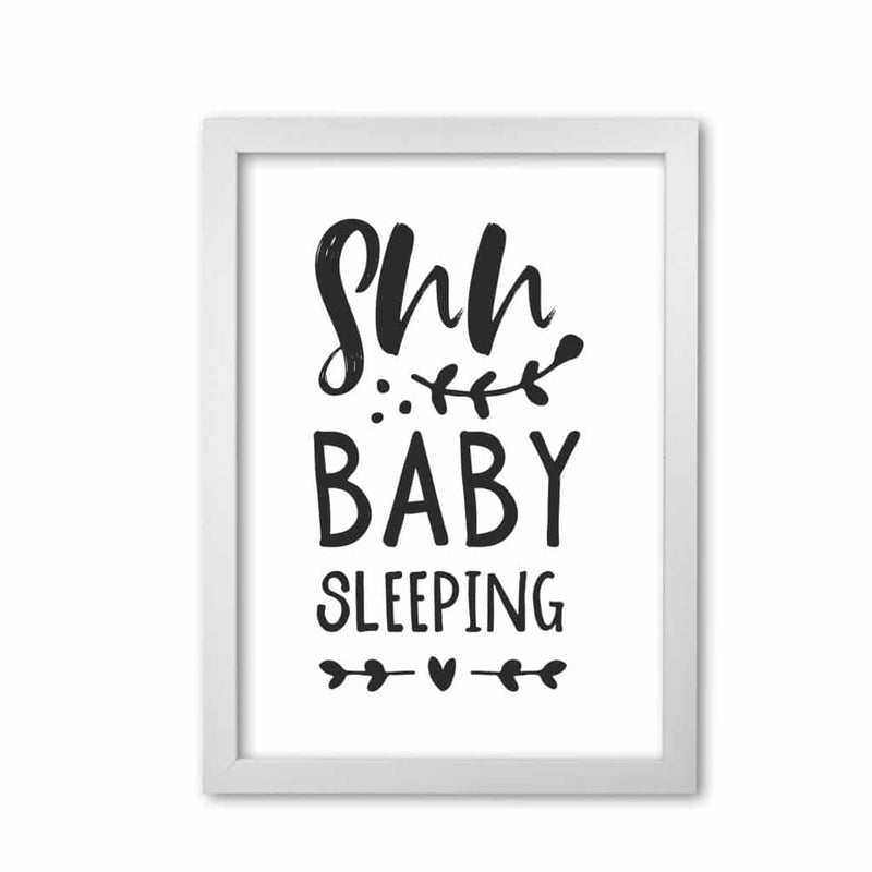 Shh baby sleeping black modern fine art print, framed childrens nursey wall art poster