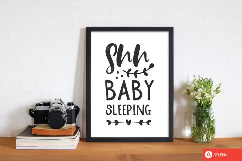 Shh baby sleeping black modern fine art print, framed childrens nursey wall art poster
