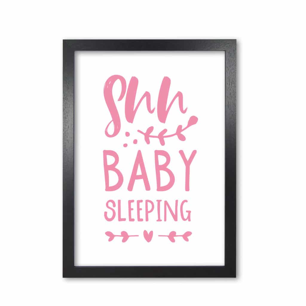 Shh baby sleeping pink modern fine art print, framed childrens nursey wall art poster