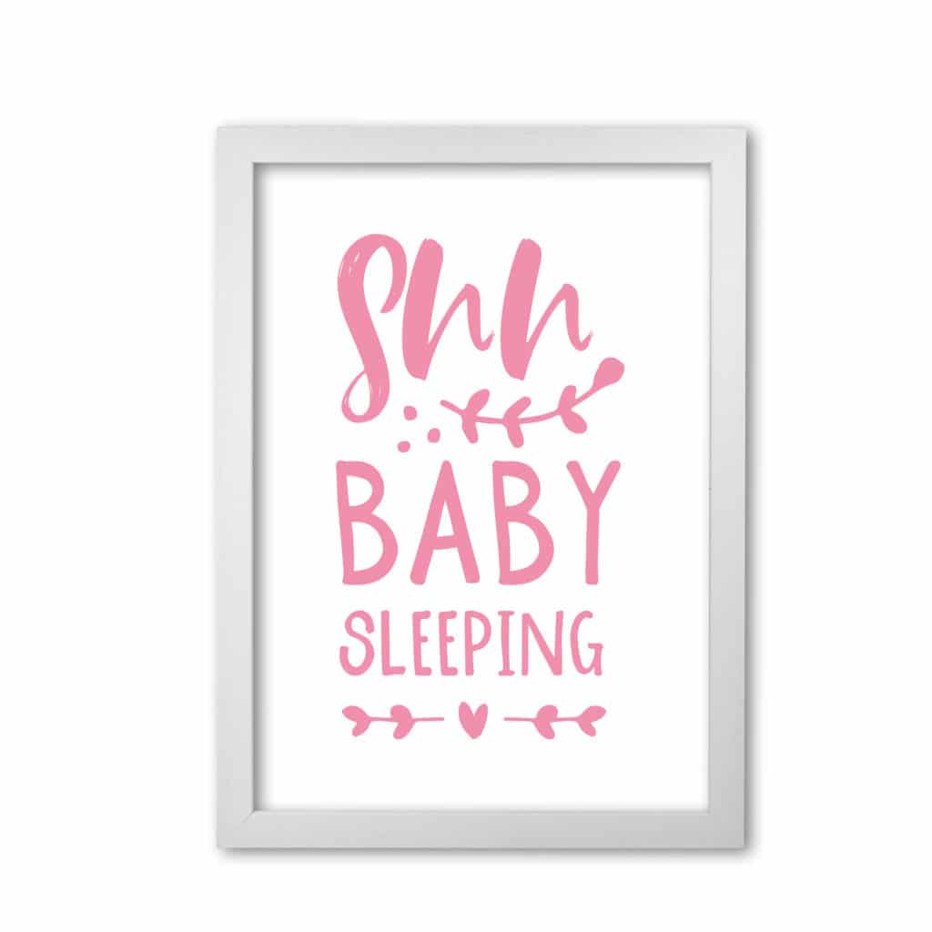 Shh baby sleeping pink modern fine art print, framed childrens nursey wall art poster