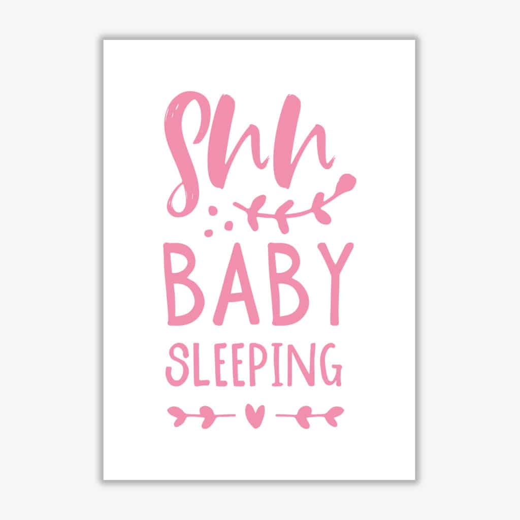 Shh baby sleeping pink modern fine art print, framed childrens nursey wall art poster