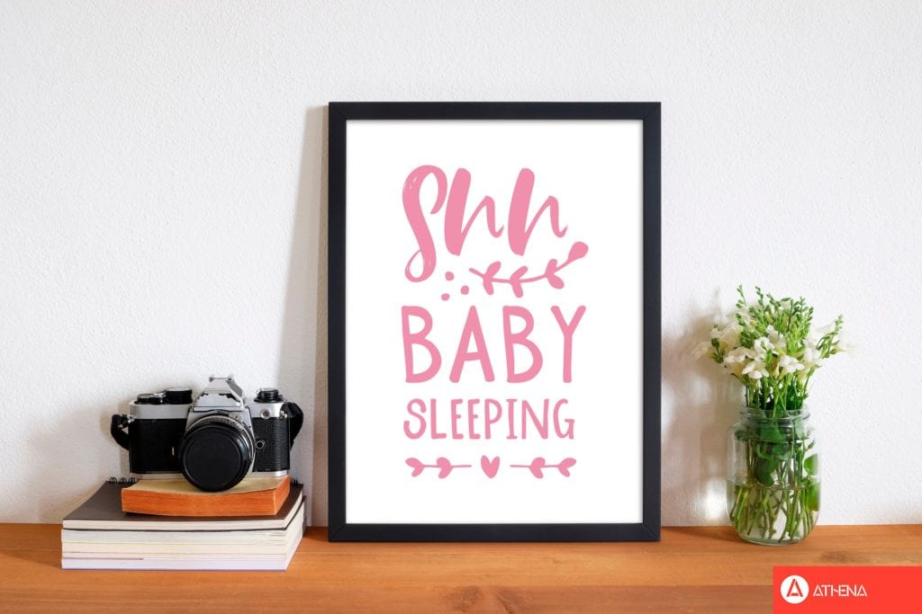 Shh baby sleeping pink modern fine art print, framed childrens nursey wall art poster