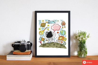 Space illustration modern fine art print, framed childrens nursey wall art poster