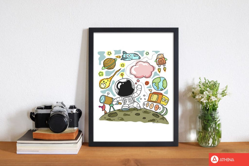 Space illustration modern fine art print, framed childrens nursey wall art poster
