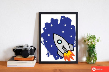 Space rocket modern fine art print, framed childrens nursey wall art poster