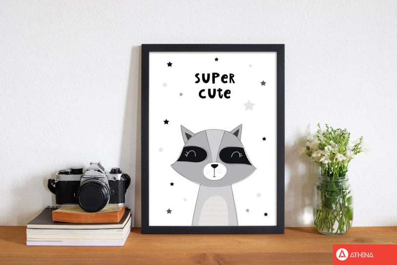 Super cute raccoon modern fine art print, framed childrens nursey wall art poster