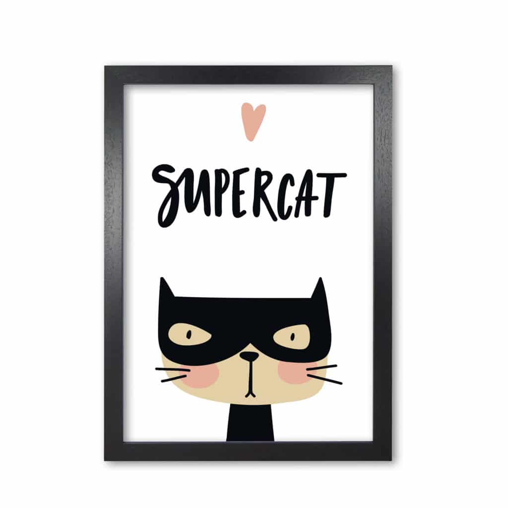 Supercat modern fine art print, framed childrens nursey wall art poster