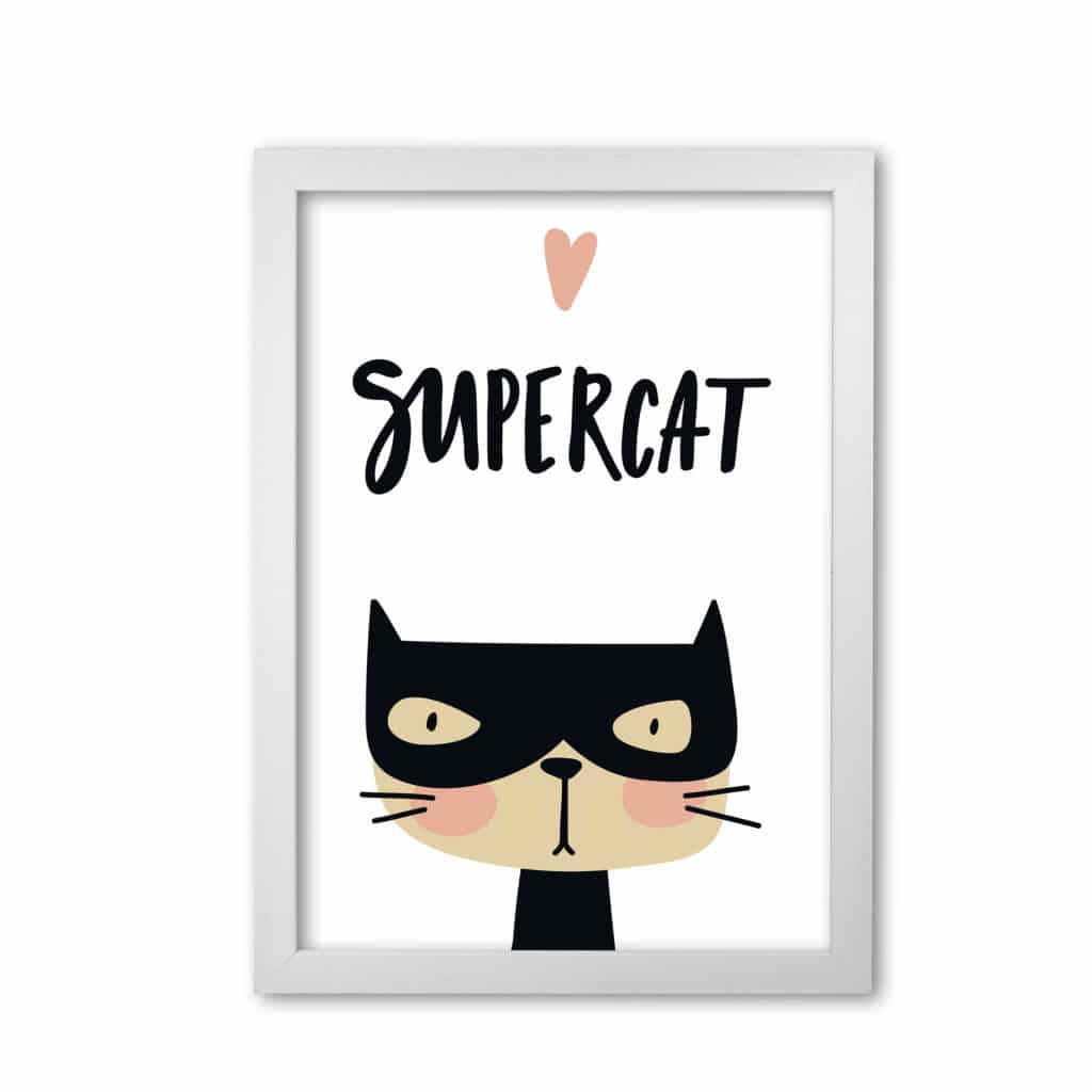 Supercat modern fine art print, framed childrens nursey wall art poster