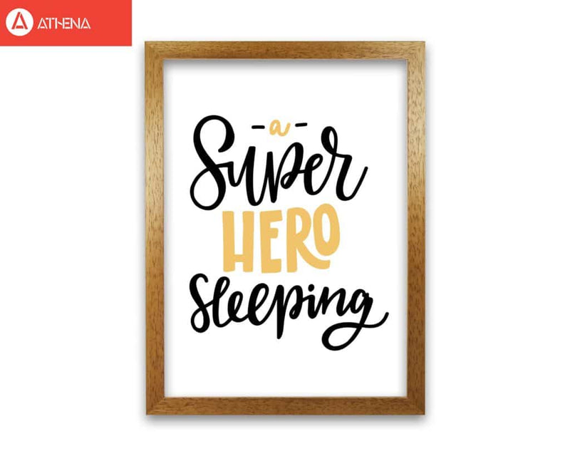 Superhero sleeping mustard and black modern fine art print, framed childrens nursey wall art poster