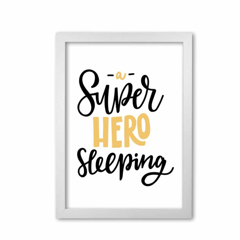 Superhero sleeping mustard and black modern fine art print, framed childrens nursey wall art poster