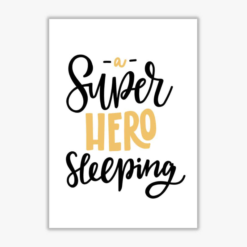 Superhero sleeping mustard and black modern fine art print, framed childrens nursey wall art poster