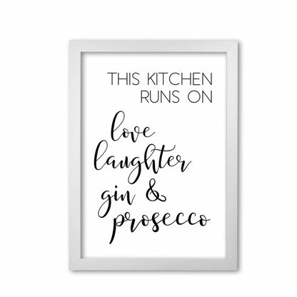 This kitchen runs on love laughter gin &#038; prosecco modern fine art print, framed kitchen wall art