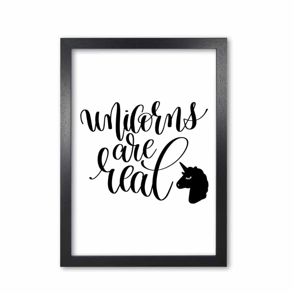 Unicorns are real black modern fine art print, framed childrens nursey wall art poster