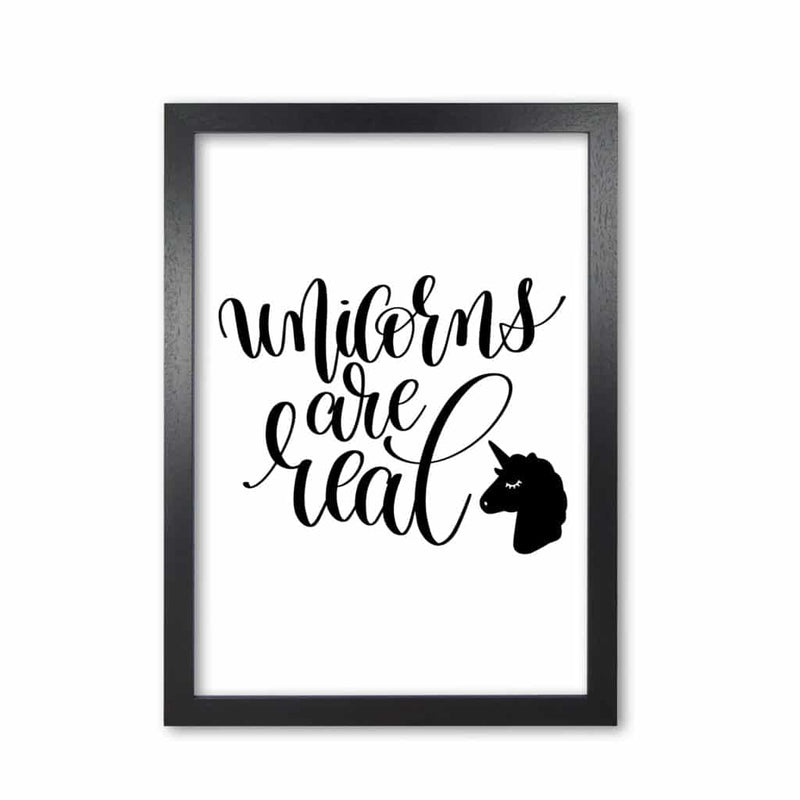 Unicorns are real black modern fine art print, framed childrens nursey wall art poster