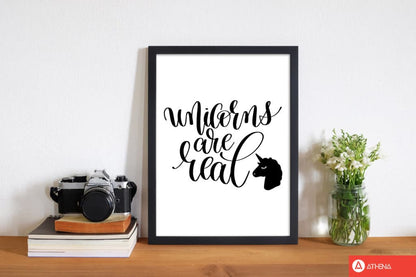 Unicorns are real black modern fine art print, framed childrens nursey wall art poster