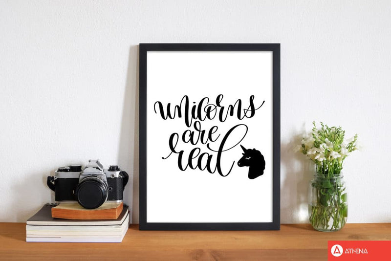 Unicorns are real black modern fine art print, framed childrens nursey wall art poster