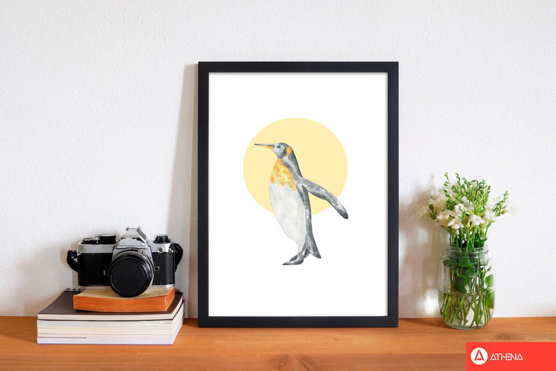 Watercolour penguin with yellow circle modern fine art print