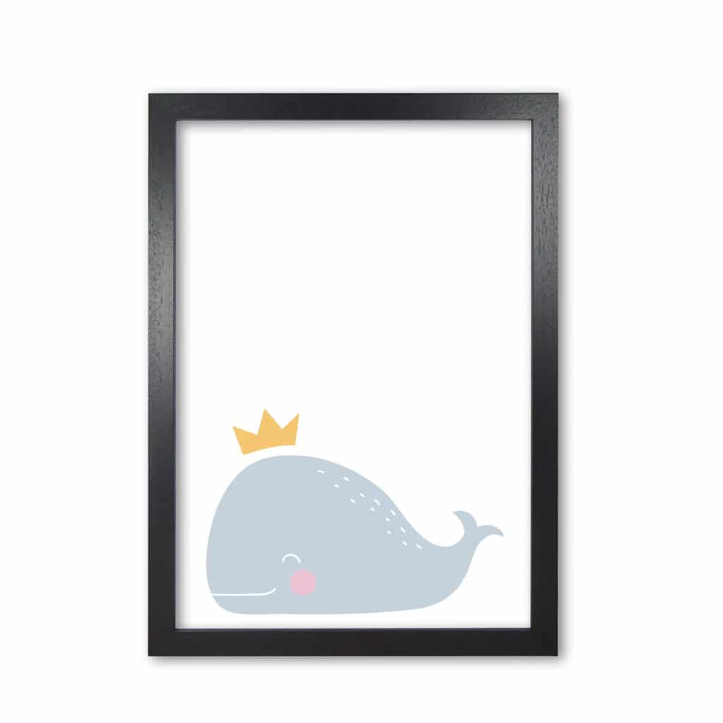 Whale with crown modern fine art print, framed childrens nursey wall art poster