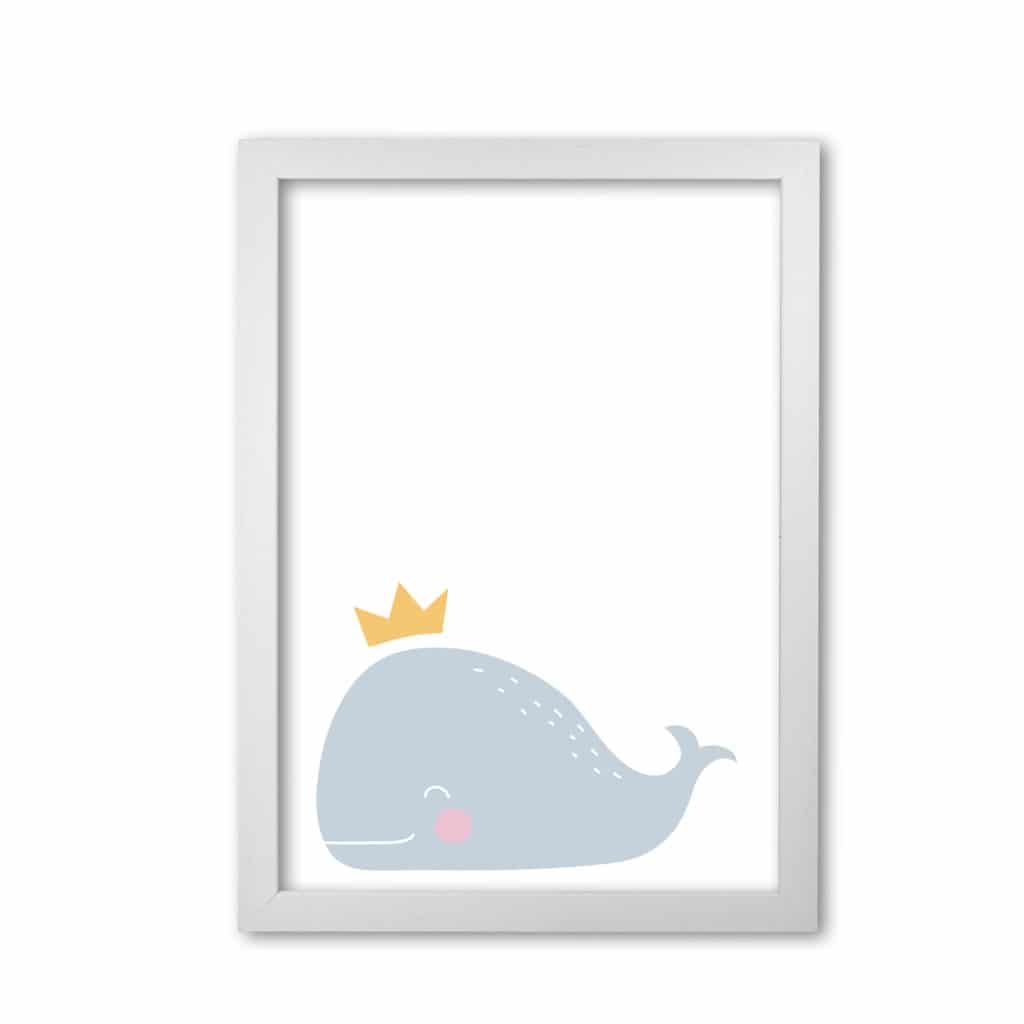 Whale with crown modern fine art print, framed childrens nursey wall art poster