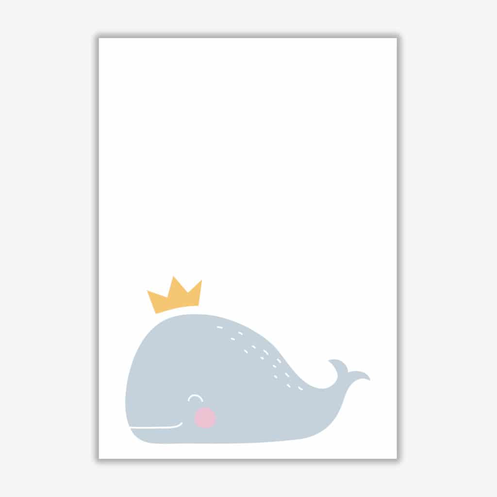 Whale with crown modern fine art print, framed childrens nursey wall art poster