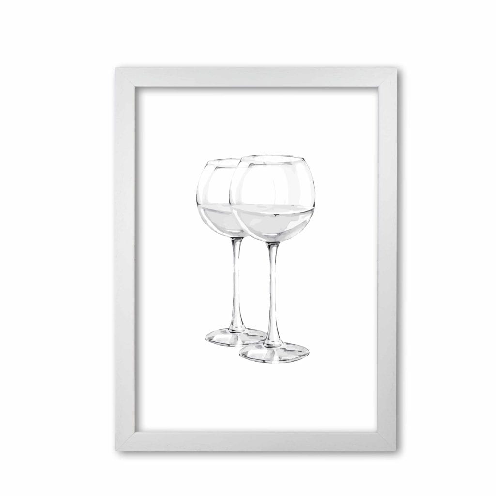 White wine glasses modern fine art print, framed kitchen wall art