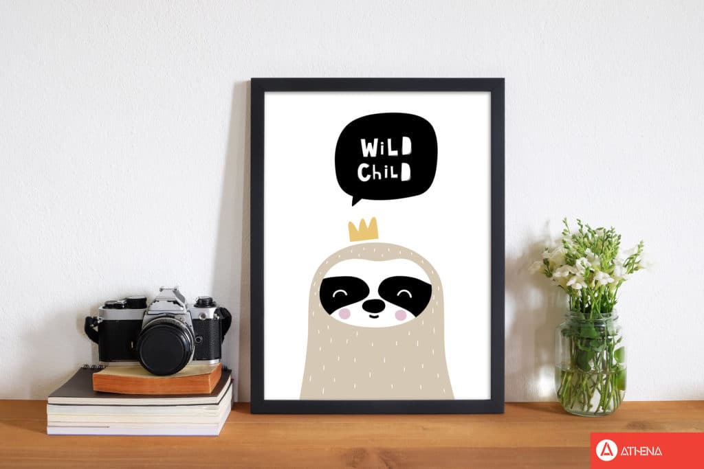 Wild child sloth modern fine art print, framed childrens nursey wall art poster