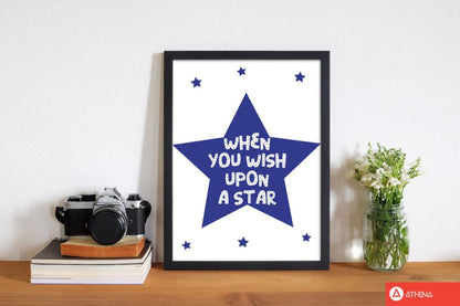 Wish upon a star navy modern fine art print, framed childrens nursey wall art poster