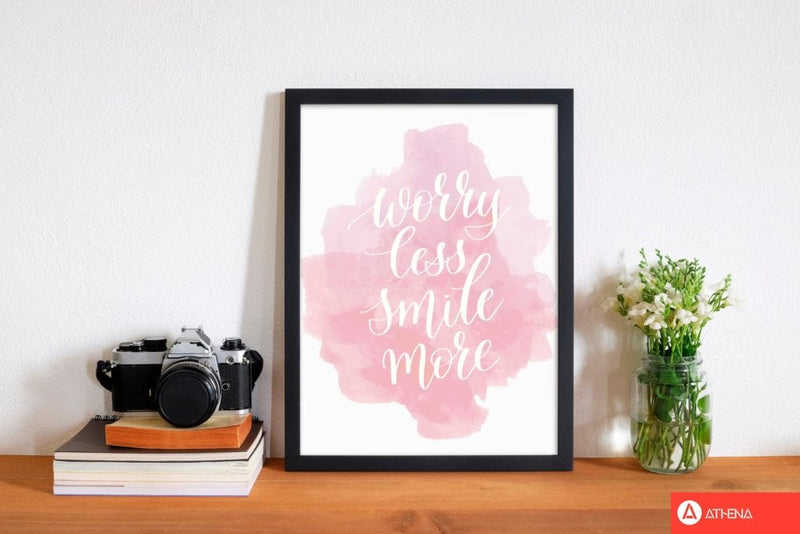 Worry less smile more pink watercolour modern fine art print