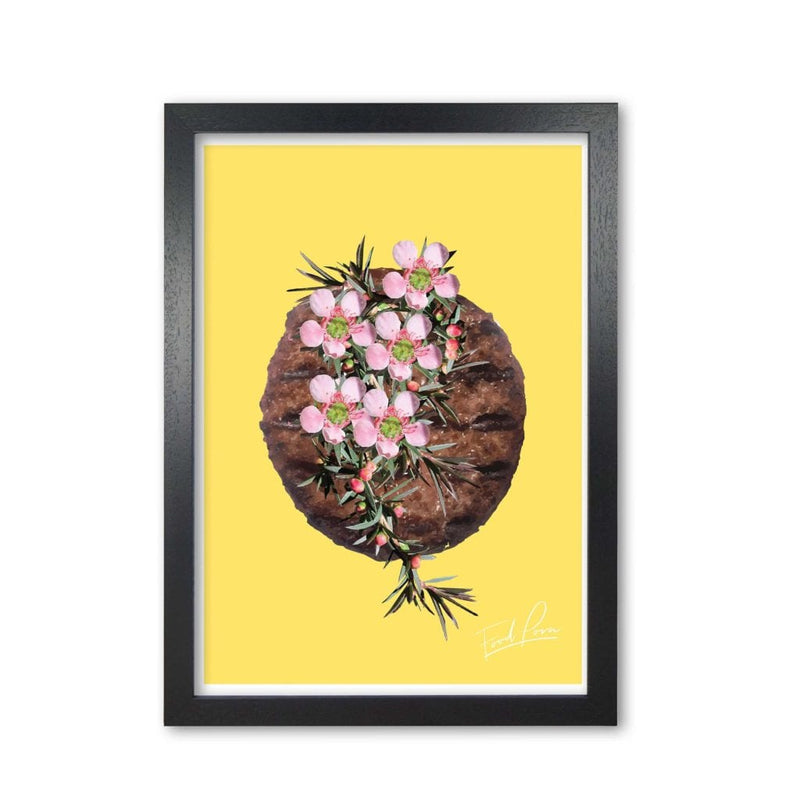 Yellow burger food porn modern fine art print, framed kitchen wall art