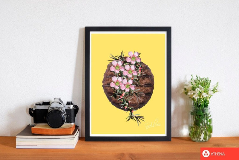 Yellow burger food porn modern fine art print, framed kitchen wall art