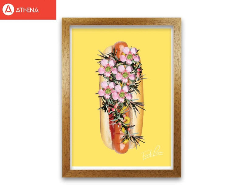 Yellow hot dog food porn modern fine art print, framed kitchen wall art
