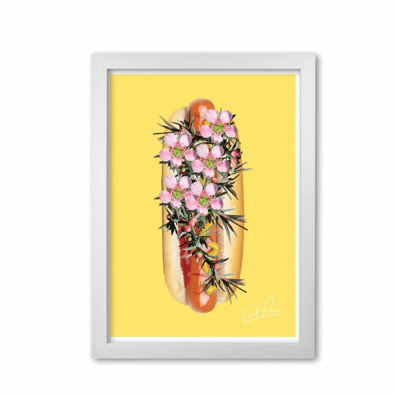 Yellow hot dog food porn modern fine art print, framed kitchen wall art